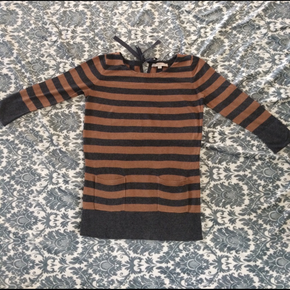 Ann Taylor Brown and Gray Striped Crewneck Sweater